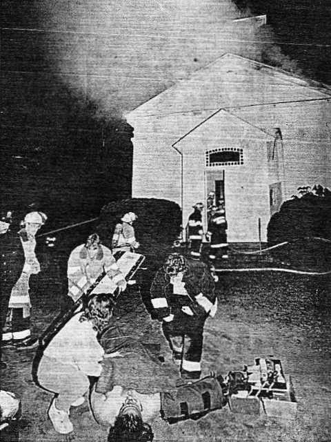 April 4, 1992 - Fire guts historic 1847 Middle Patent Church.  BIFD firefighters rescue man who set the fire from burning building.